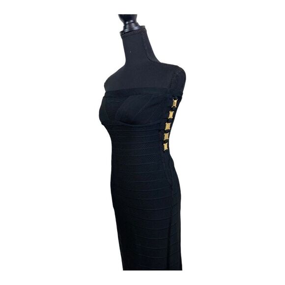 #150 HERVE LEGER Bandage Stretch Maxi Dress in Black and Gold - Picture 4 of 14